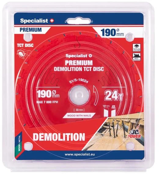 Medžio pjovimo diskas SPECIALIST+ Premium Demolition, 184 x 1,6 x 20/16 mm, 24 dantų, 18°, TCT