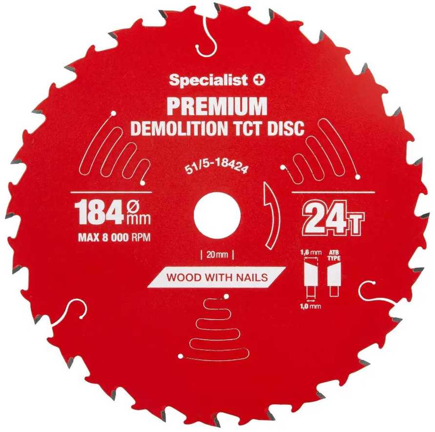 Medžio pjovimo diskas SPECIALIST+ Premium Demolition, 184 x 1,6 x 20/16 mm, 24 dantų, 18°, TCT
