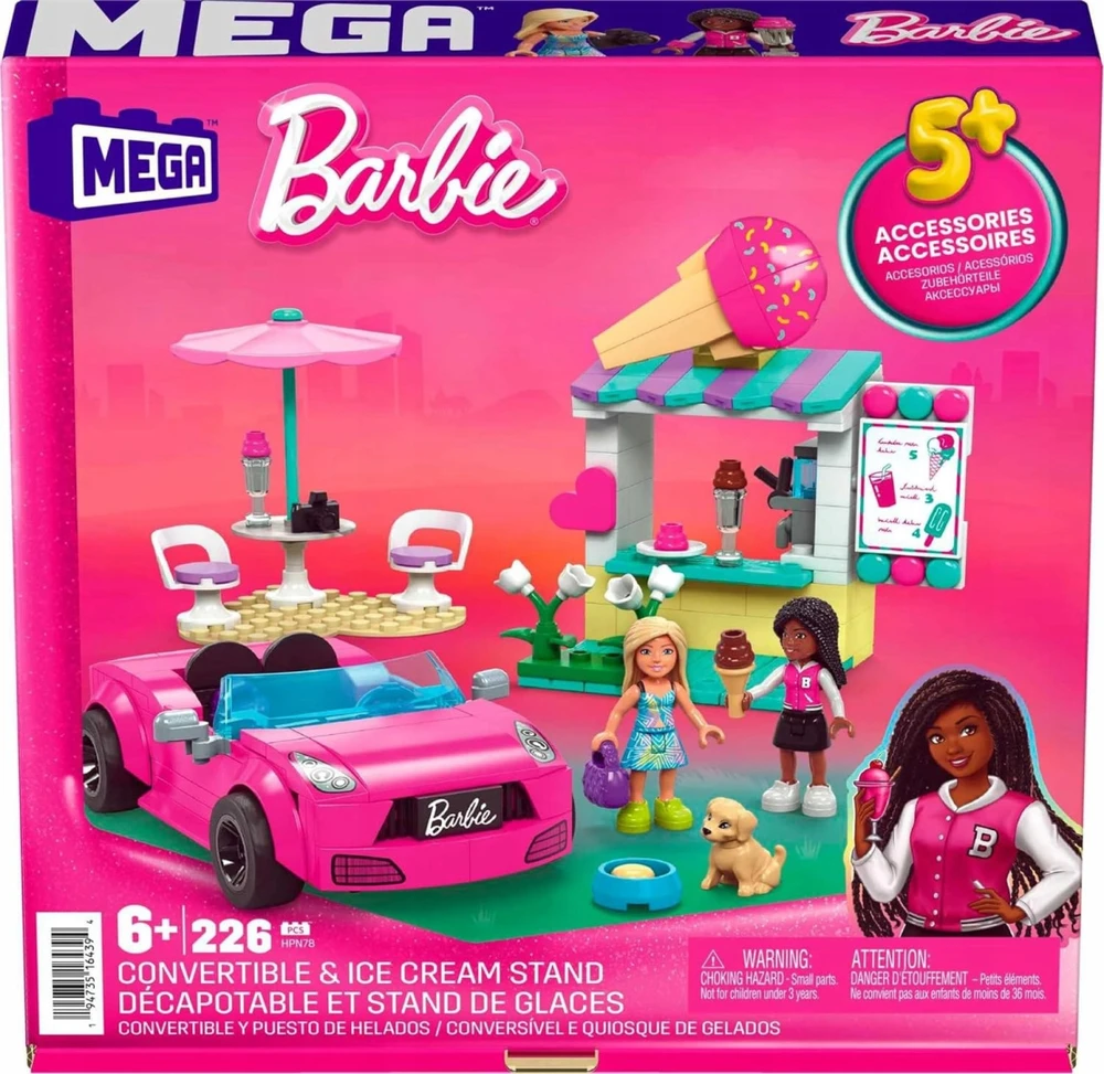 Mattel Mega Bloks Barbie Blocks kabrioleto rinkinys ir ledų stovas HPN78