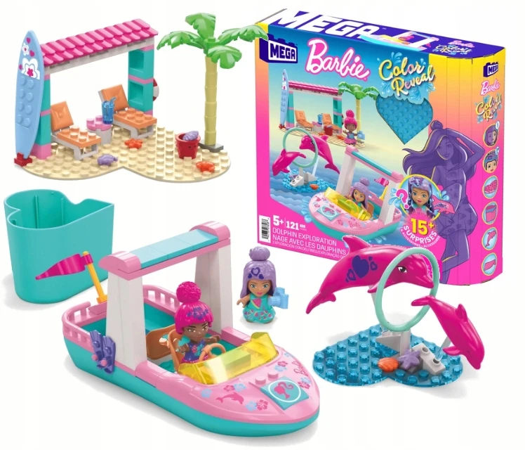 Mega Bloks Mattel 121 dalių MEGA Barbie spalvų atskleidimo blokeliai Nuotykių su delfinais už5425