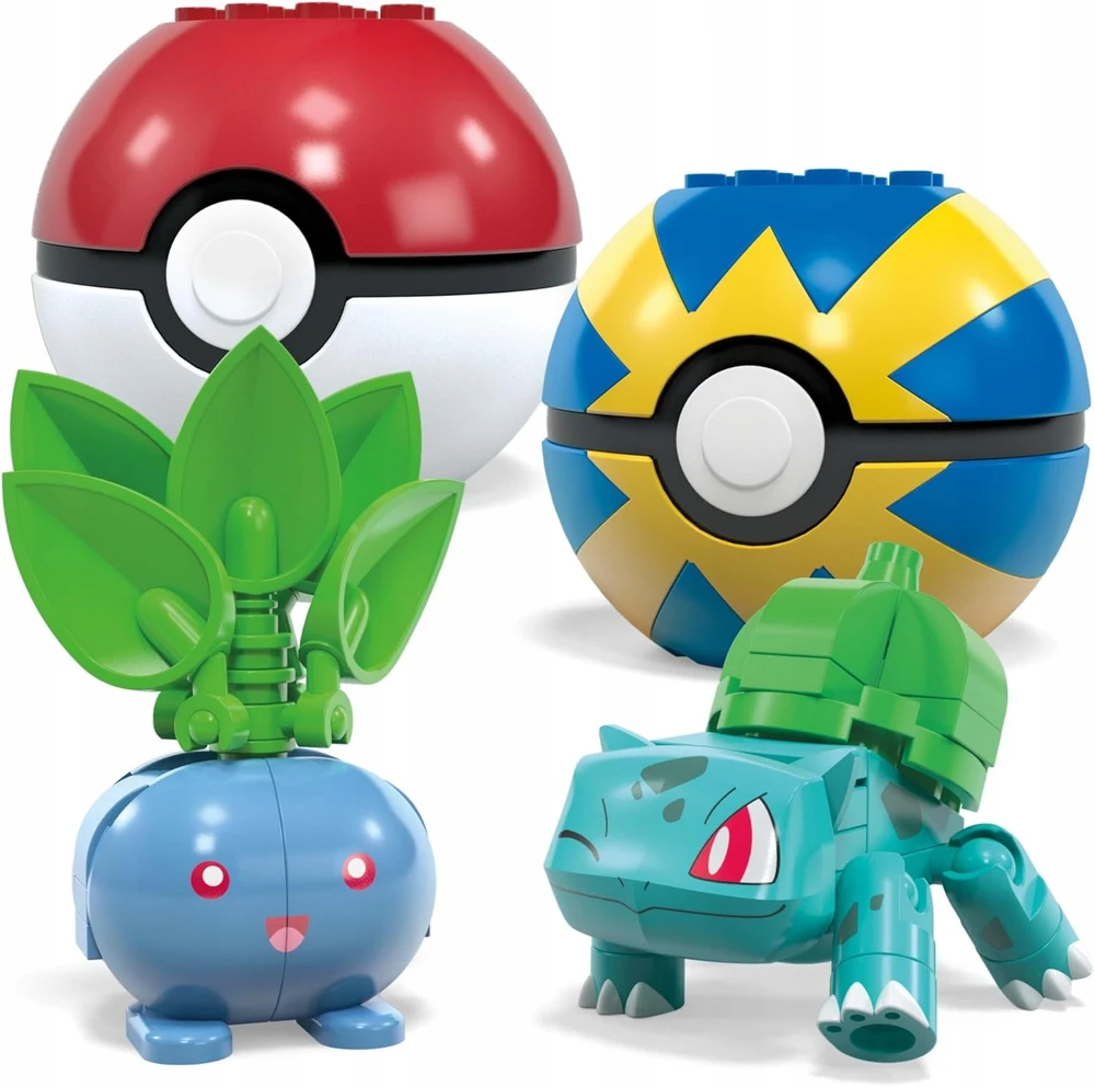 Mega Pokemon blokai 118 vnt rinkinys 4 žolės Pokemon + 4 Pokeballs HWR77