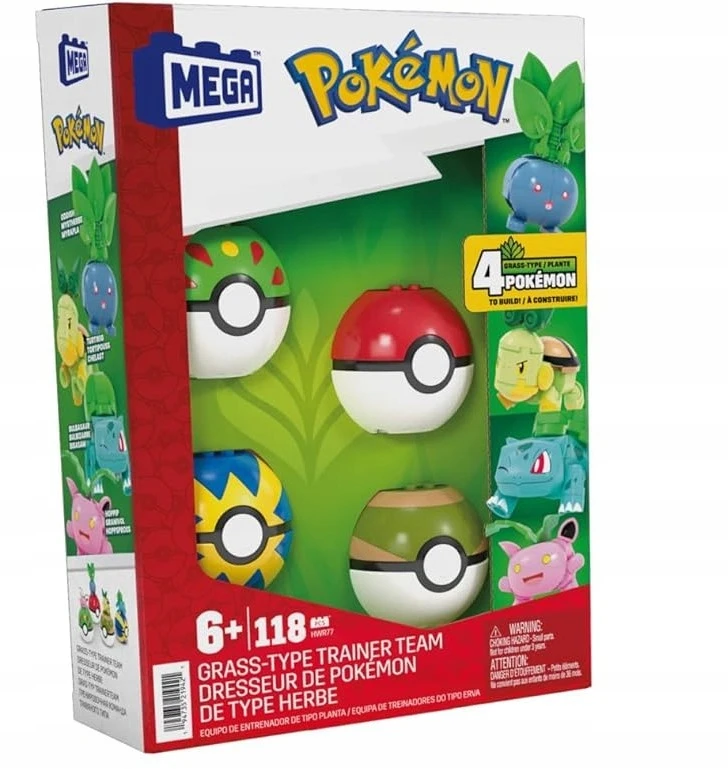 Mega Pokemon blokai 118 vnt rinkinys 4 žolės Pokemon + 4 Pokeballs HWR77