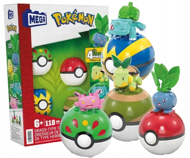 Mega Pokemon blokai 118 vnt rinkinys 4 žolės Pokemon + 4 Pokeballs HWR77