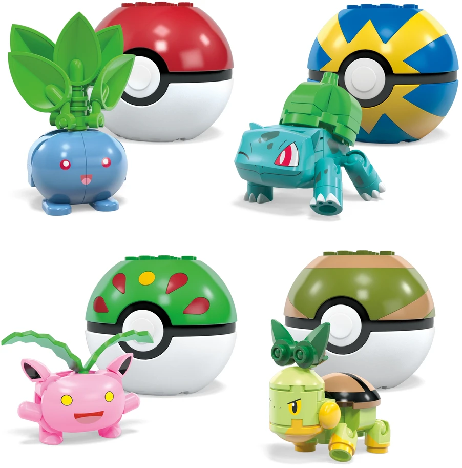 Mega Pokemon blokai 118 vnt rinkinys 4 žolės Pokemon + 4 Pokeballs HWR77