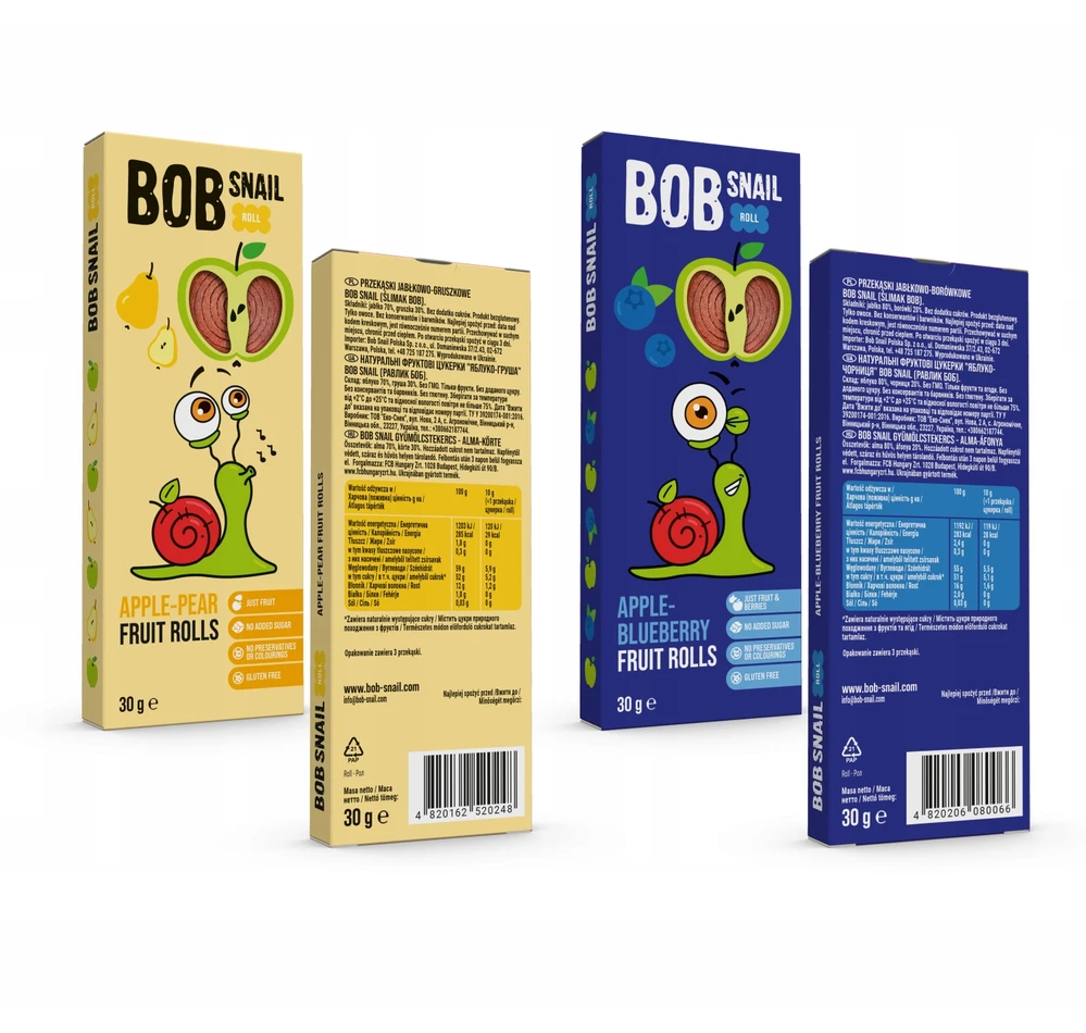 MEGA vaisių suktinukų rinkinys BOB SNAIL sveikas užkandis MIX 4 skonių 36x30g