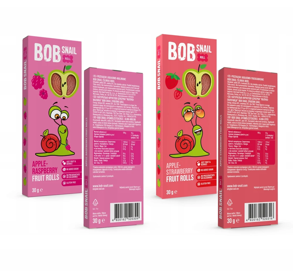MEGA vaisių suktinukų rinkinys BOB SNAIL sveikas užkandis MIX 4 skonių 36x30g
