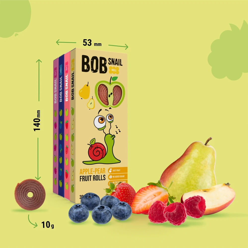 MEGA vaisių suktinukų rinkinys BOB SNAIL sveikas užkandis MIX 4 skonių 36x30g