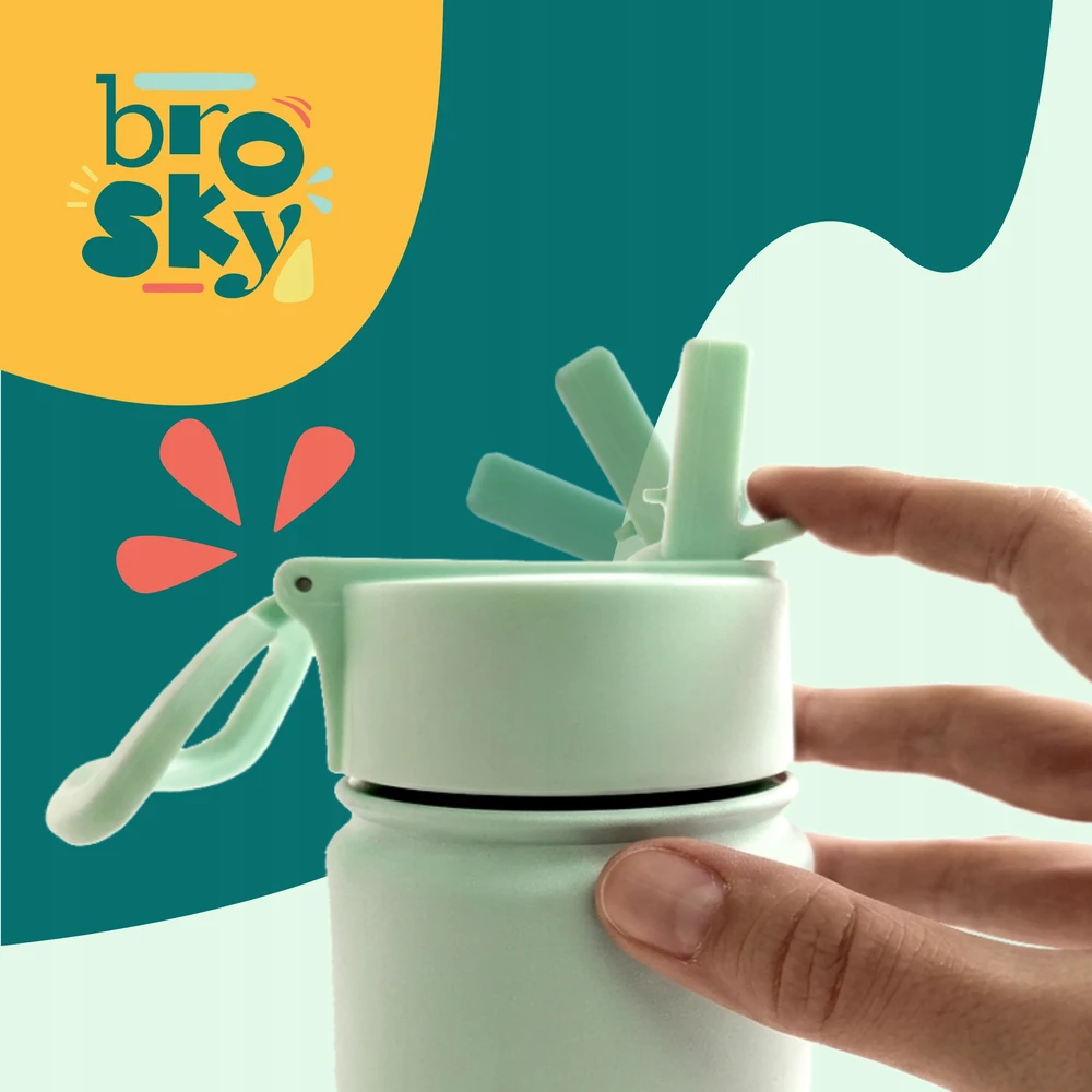 Mėlynas buteliukas su šiaudeliu berniukui, mokyklai, Brosky roboto printas, 450ml