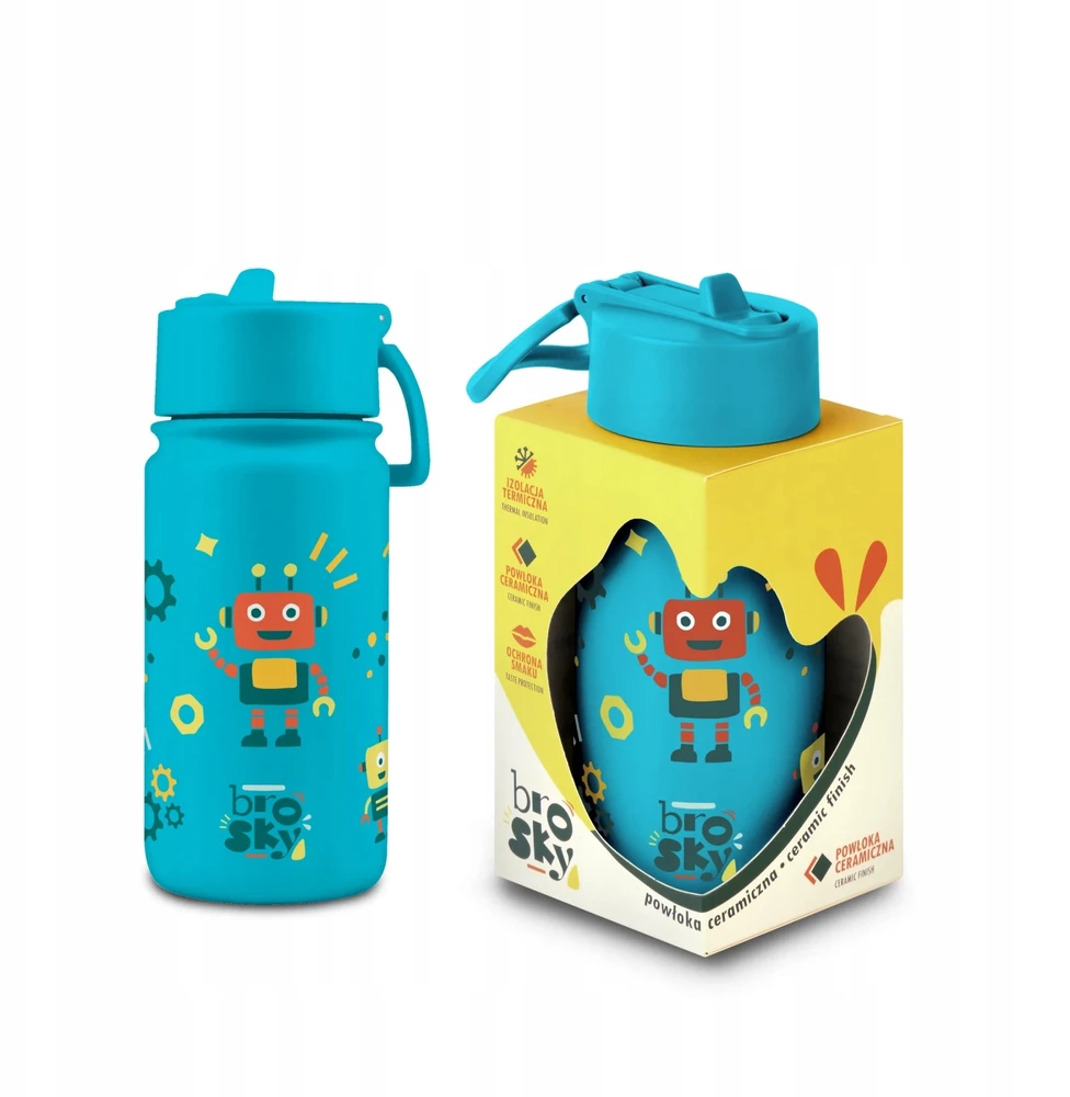 Mėlynas buteliukas su šiaudeliu berniukui, mokyklai, Brosky roboto printas, 450ml
