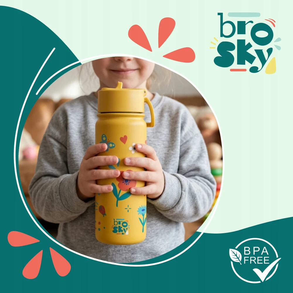 Mėlynas buteliukas su šiaudeliu berniukui, mokyklai, Brosky roboto printas, 450ml