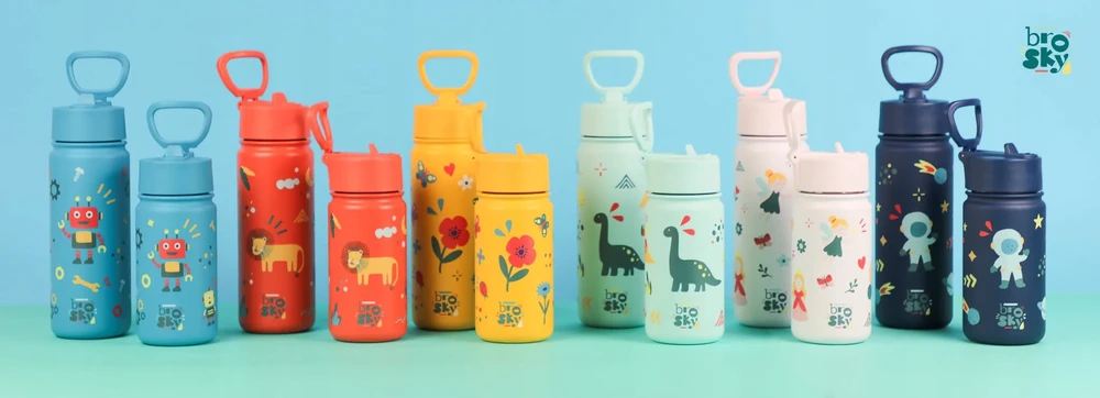 Mėlynas buteliukas su šiaudeliu berniukui, mokyklai, Brosky roboto printas, 450ml