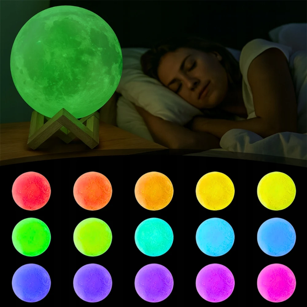 Memflow LAMPA KSIĘŻYC ŚWIECĄCY Naktinė lempa 3D MOON RGB LED PODSTAWKA PREZENT