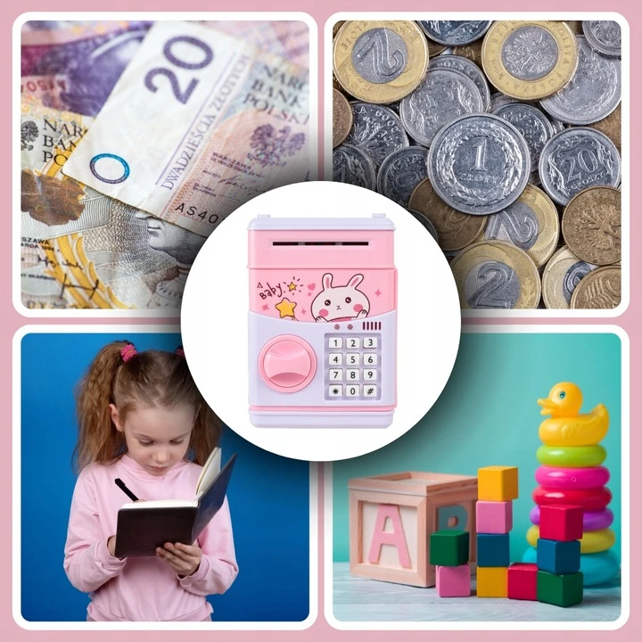 Memflow PIGGY BANK Saugus bankomatas VAIKAMS SU PRIEIGOS KODU MONETOS BANKNOTAI ROŽINĖS