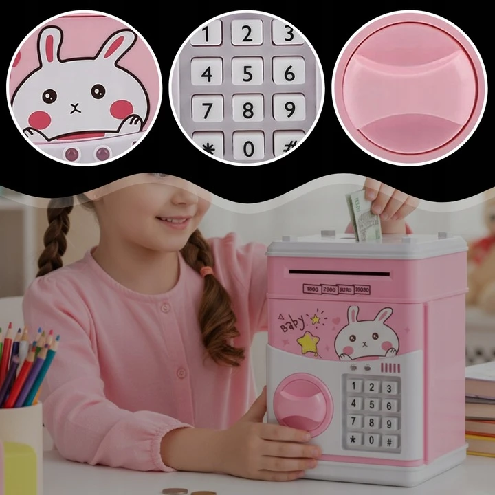 Memflow PIGGY BANK Saugus bankomatas VAIKAMS SU PRIEIGOS KODU MONETOS BANKNOTAI ROŽINĖS