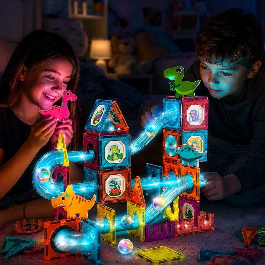 Merkan Magnetinių konstrukcinių blokų žėrintis takelių rinkinys 86 vienetams. Figūrėlės