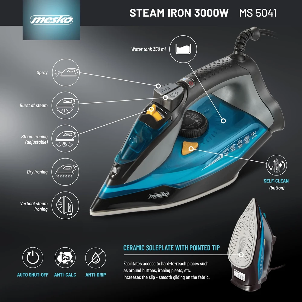 Mesko Home Garų lygintuvas 3000W, keraminis padas, automatinis išsijungimas, 4 Mesko MS 5041 sistemos