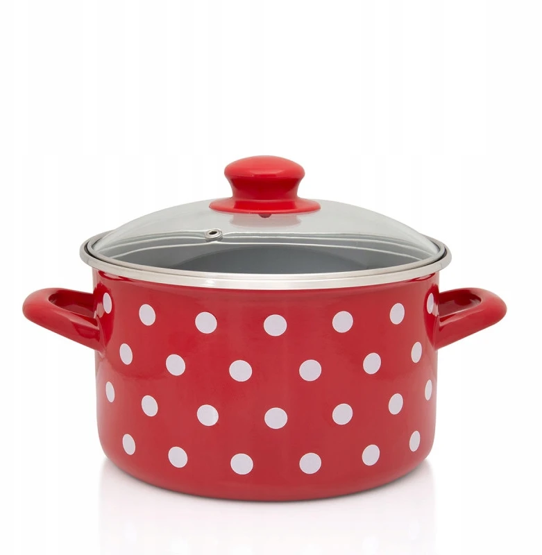 Metalac Emaliuotas puodas su stikliniu dangčiu, 22 cm, 5l, raudonas su taškeliais