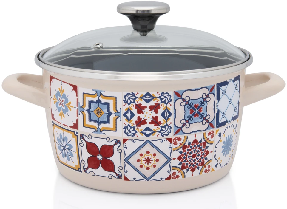 Metalac Emaliuotas puodas su stikliniu dangteliu, 24 cm 6.0L, kreminis, Port