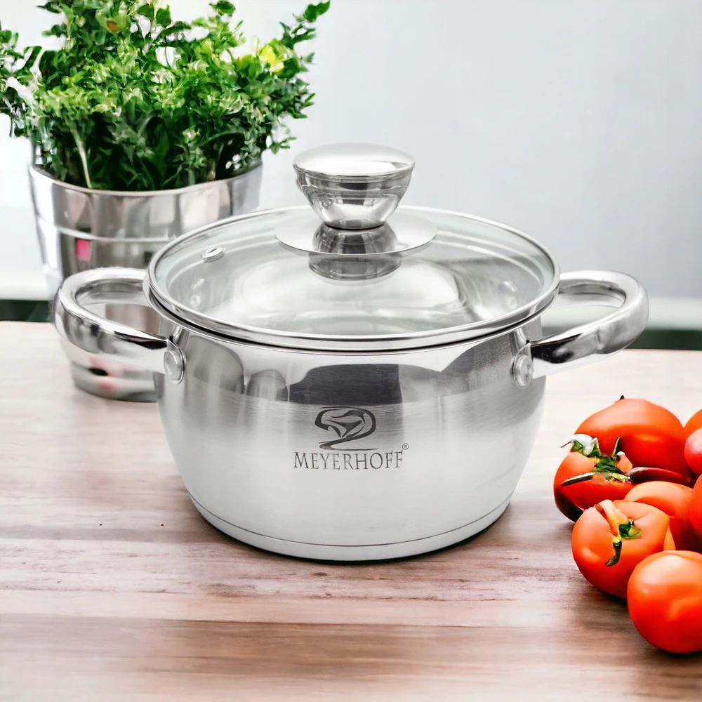 Meyerhoff 1,8L NERŪDIJANČIO MEDŽIAGOS PUODAS SU MATAVIMO MATAVIMU IR DANGIU 16cm DUJŲ INDUKCIJA