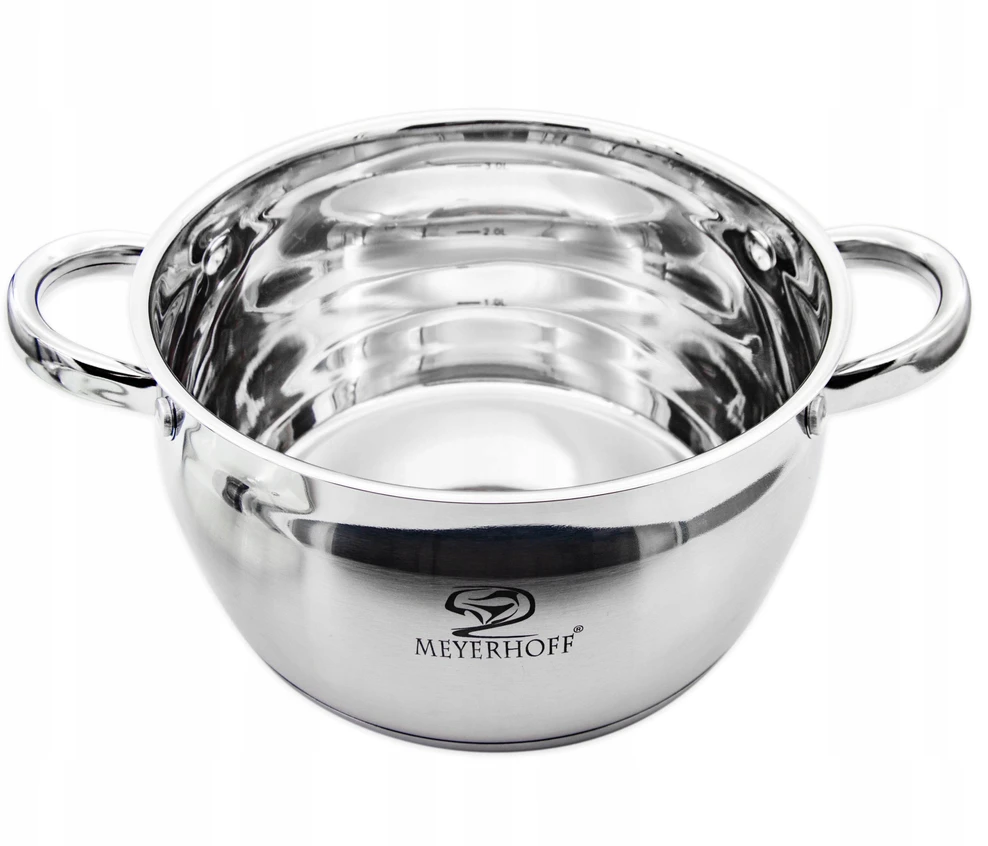 Meyerhoff 2,5L NERŪDijantis PUODAS SU MATAVIMO MATAVIMU IR DANGIU 18CM DUJŲ INDUKCIJA