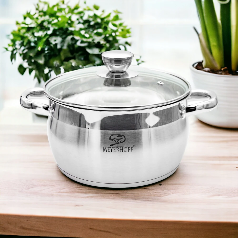 Meyerhoff 2,5L NERŪDijantis PUODAS SU MATAVIMO MATAVIMU IR DANGIU 18CM DUJŲ INDUKCIJA