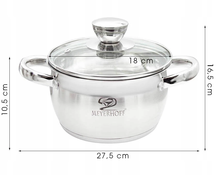 Meyerhoff 2,5L NERŪDijantis PUODAS SU MATAVIMO MATAVIMU IR DANGIU 18CM DUJŲ INDUKCIJA