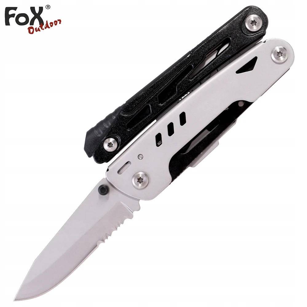MFH Fox Outdoor Daugiafunkcinis įrankis, 6 įrankiai su žirklėmis, su atsuktuvų antgalių rinkiniu, juodas