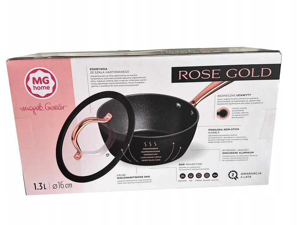 Mg Home Puodas su stikliniu dangčiu 1,3 l 16 cm rožinio aukso