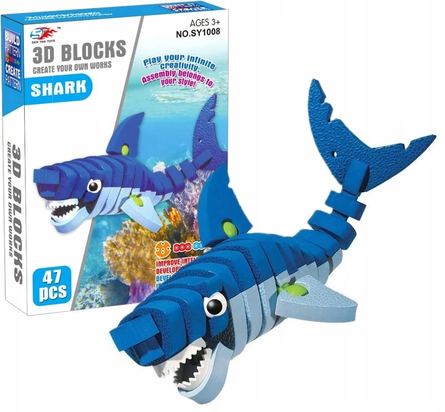 Midex Putojantys 3d dėlionės kaladėlės "ryklys", 47 el.