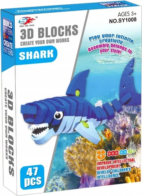 Midex Putojantys 3d dėlionės kaladėlės "ryklys", 47 el.