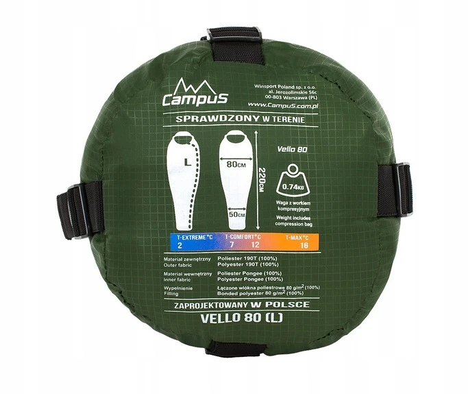Miegmaišis Campus Vello 80 L, 220 x 80 x 50, žalias