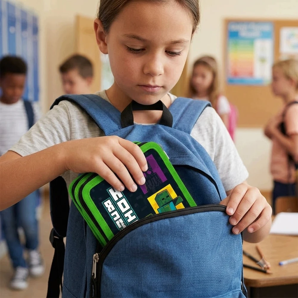 Minecraft Penalas Szkolny Z WYPOSAŻENIEM Trzykomorowy Rozkładany Do Szkoły