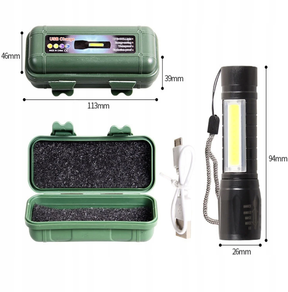 Mini prožektorių žibintuvėlis Galingas kišeninis XPE+COB vandeniui atsparus USB įkraunamas