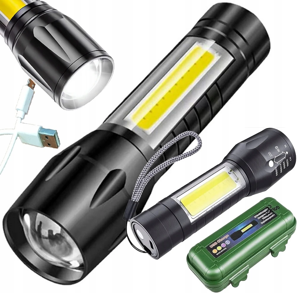 Mini prožektorių žibintuvėlis Galingas kišeninis XPE+COB vandeniui atsparus USB įkraunamas