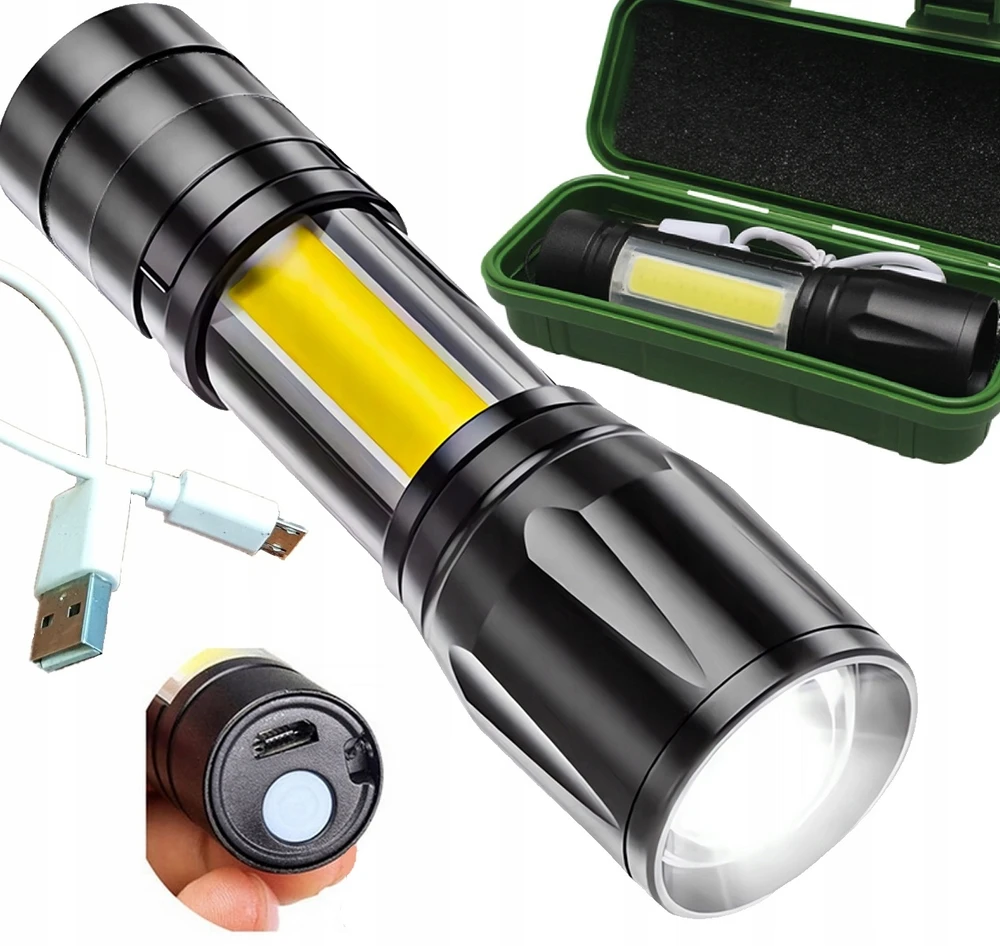 Mini prožektorių žibintuvėlis Galingas kišeninis XPE+COB vandeniui atsparus USB įkraunamas