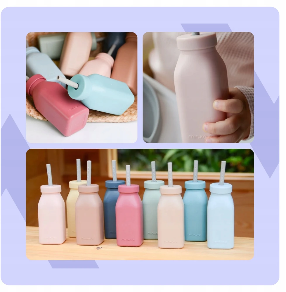 Minikoioi SILIKONINIS BUTELINIS PUODULIS VAIKAMS SU ŠIAUDU IR DANGIU 200 ML 6M+ ROŽINĖS