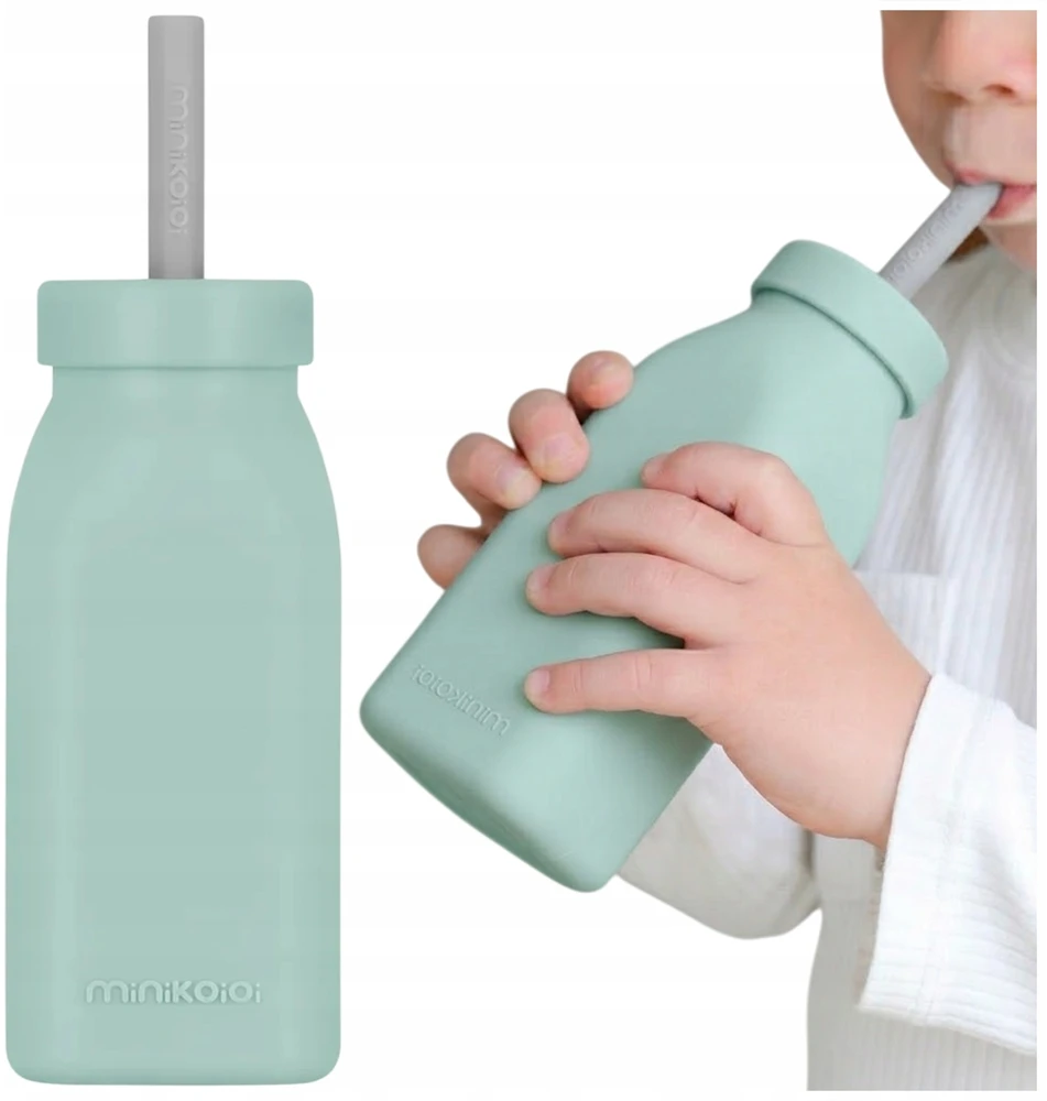 Minikoioi SILIKONINIS BUTELINIS PUODULIS VAIKAMS SU ŠIAUDU IR DANGIU 200 ML 6M+ Žalias