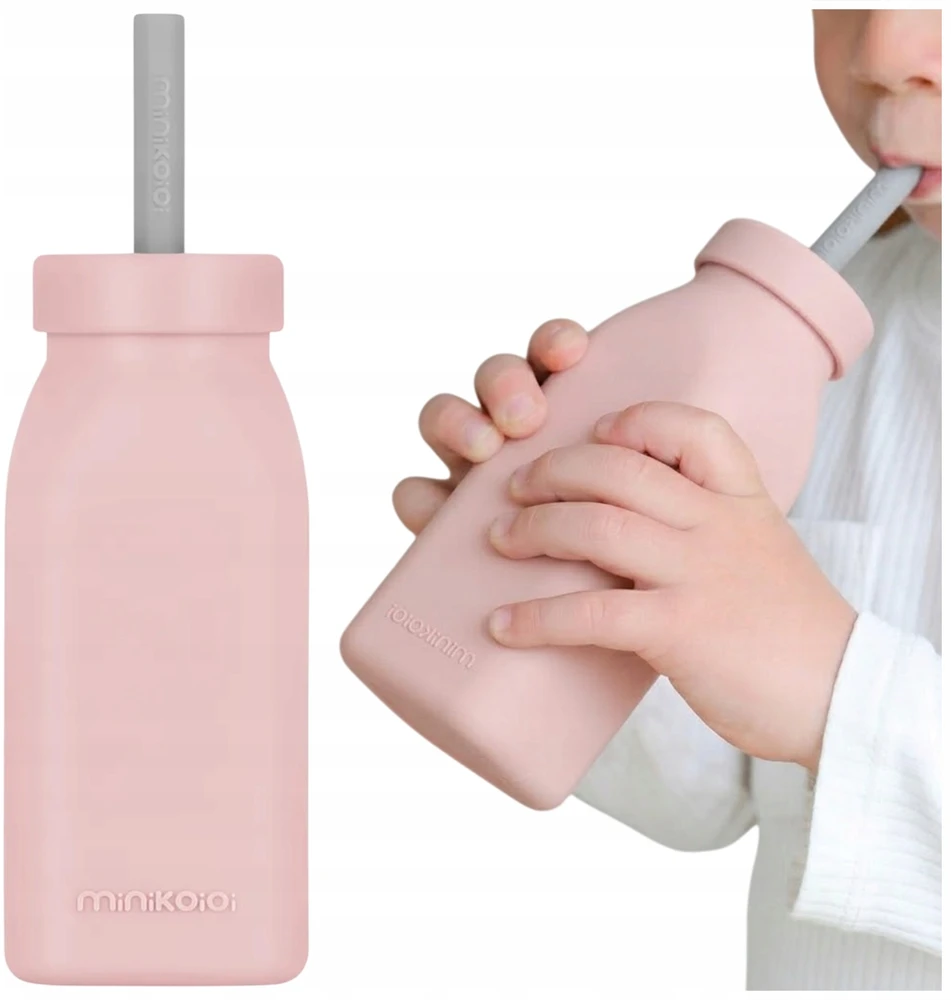 Minikoioi SILIKONINIS BUTELINIS PUODULIS VAIKAMS SU ŠIAUDU IR DANGIU 200 ML 6M+ ROŽINĖS
