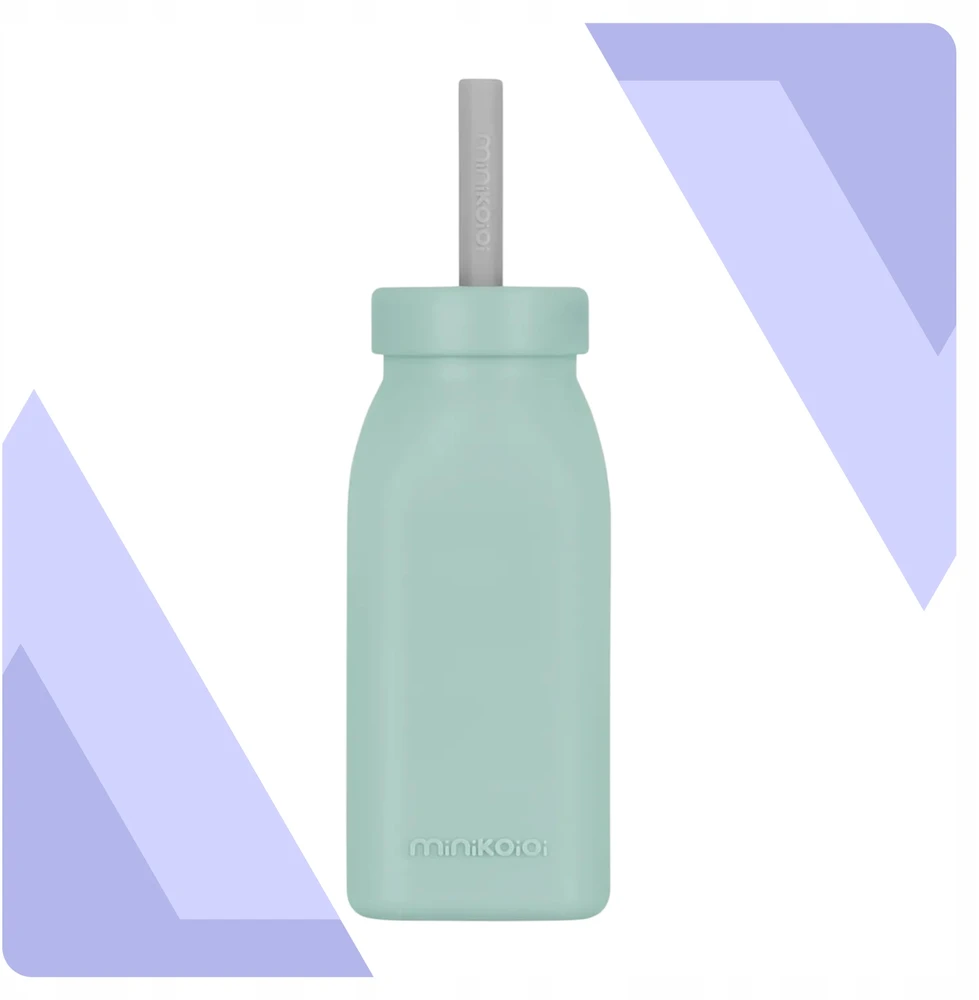 Minikoioi SILIKONINIS BUTELINIS PUODULIS VAIKAMS SU ŠIAUDU IR DANGIU 200 ML 6M+ Žalias