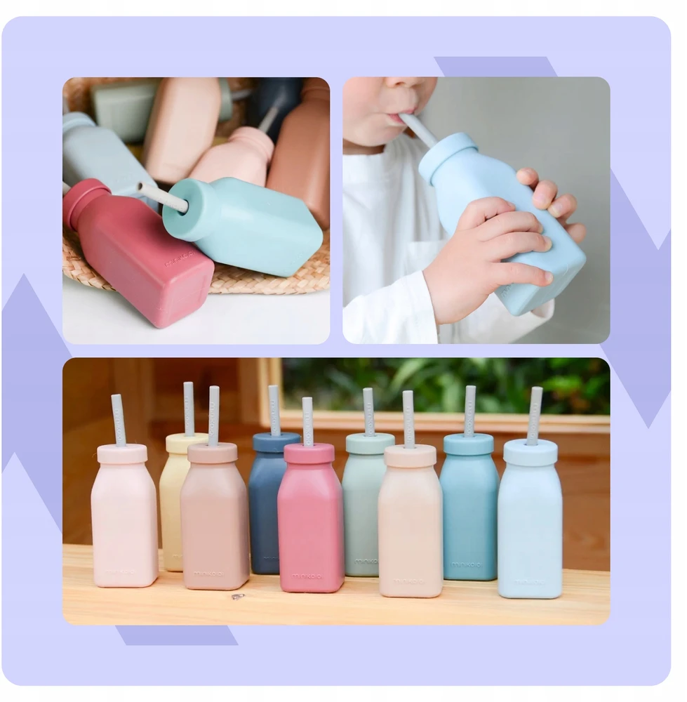 Minikoioi SILIKONINIS BUTELIO PUODLAS VAIKAMS SU ŠIAUDU IR DANGIU 200 ML 6M+ MĖLYNA