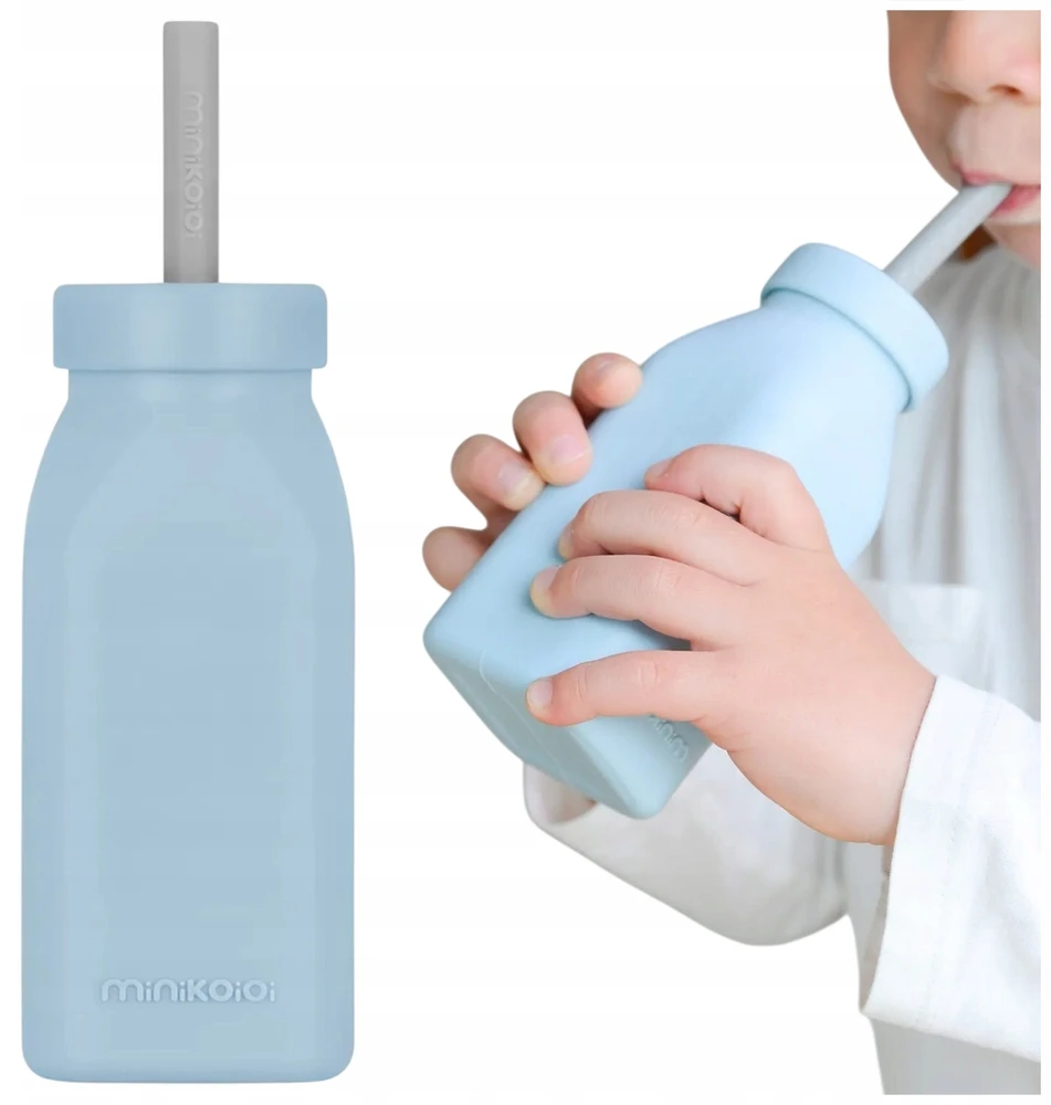 Minikoioi SILIKONINIS BUTELIO PUODLAS VAIKAMS SU ŠIAUDU IR DANGIU 200 ML 6M+ MĖLYNA