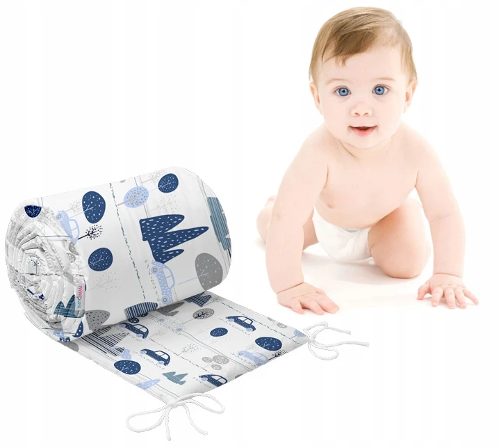 Minkšta kūdikio lovytės apsauga Babymam Mašinėlės, 360x30 cm, mėlyna/balta