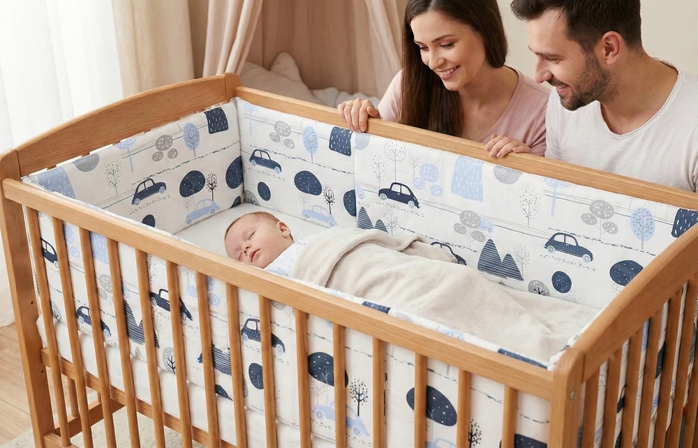 Minkšta kūdikio lovytės apsauga Babymam Mašinėlės, 360x30 cm, mėlyna/balta