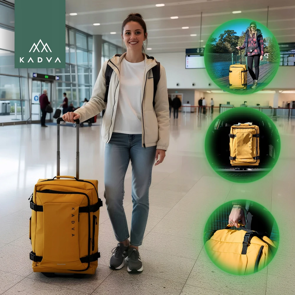 MINKSTA MEDŽIAGA KADVA Lazio kelioninis lagaminas 74 L juodas RATAI GELTONI