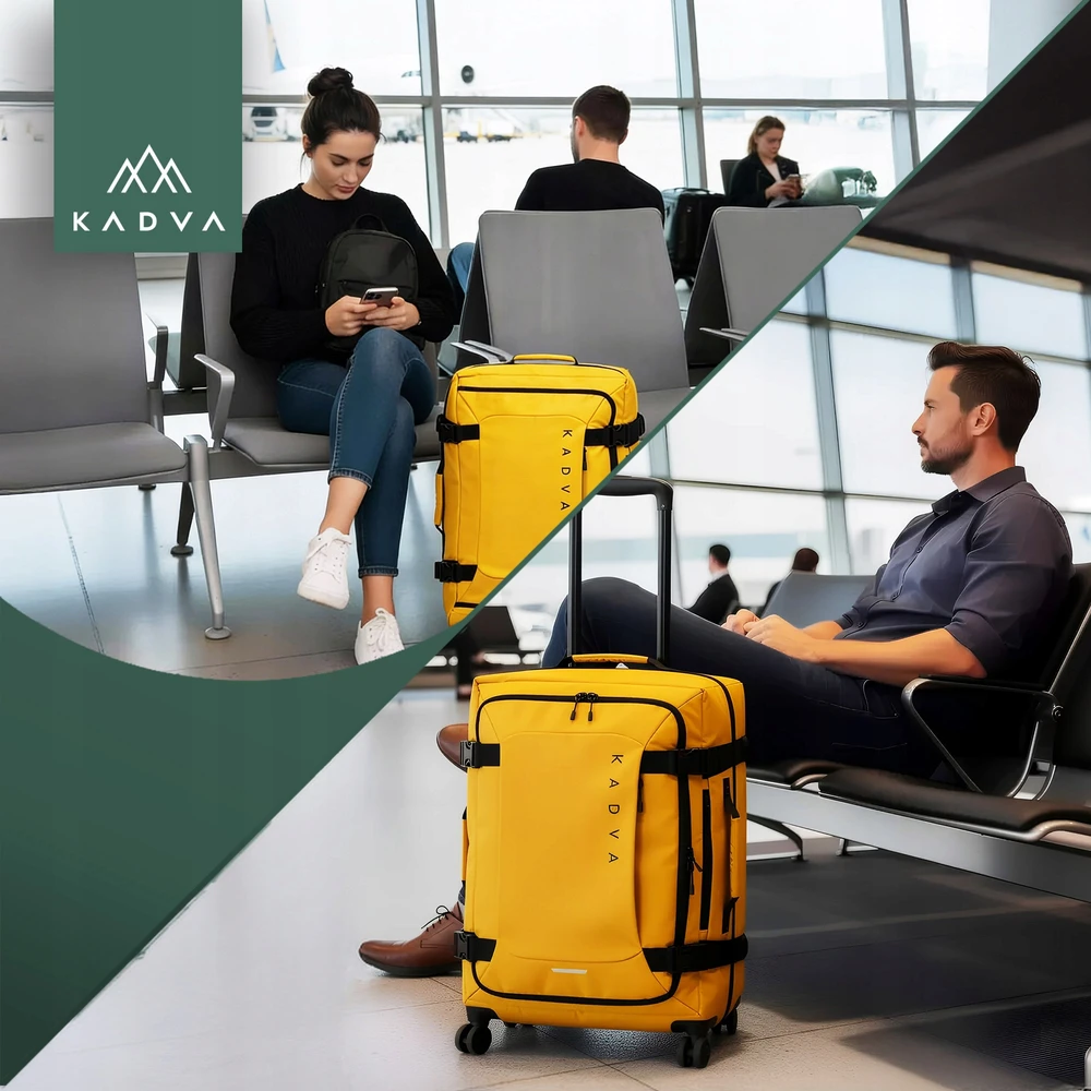 MINKSTA MEDŽIAGA KADVA Lazio kelioninis lagaminas 74 L juodas RATAI GELTONI