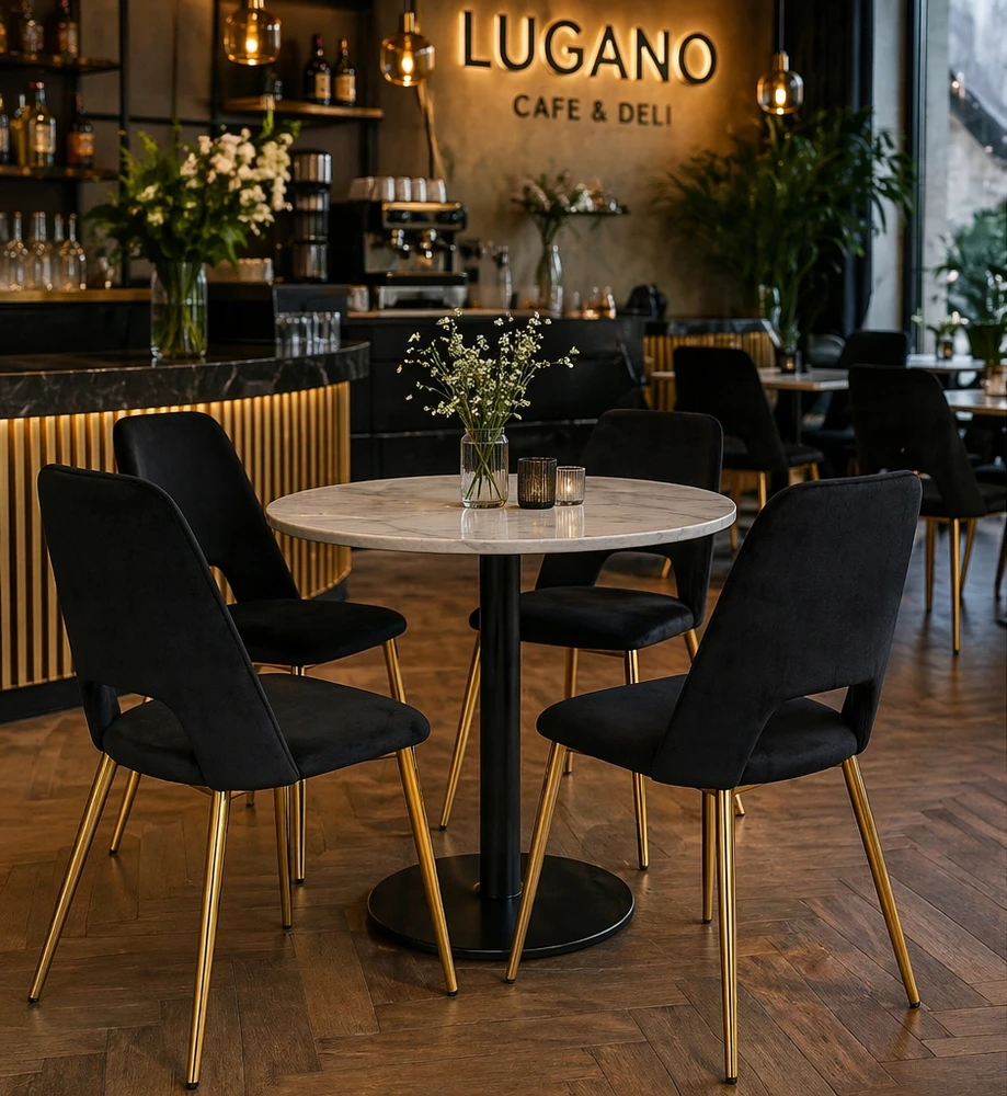 MINŠTA KĖDĖ LUGANO| Juodas veliūras| Šiuolaikinės auksinės kojos