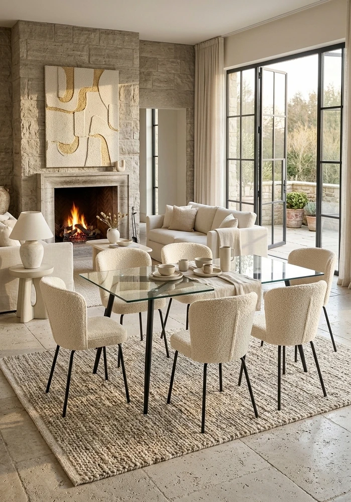 MINŠTA KĖDĖ LUGANO| Smėlio spalvos boucle audinys| Juodos modernios kojos