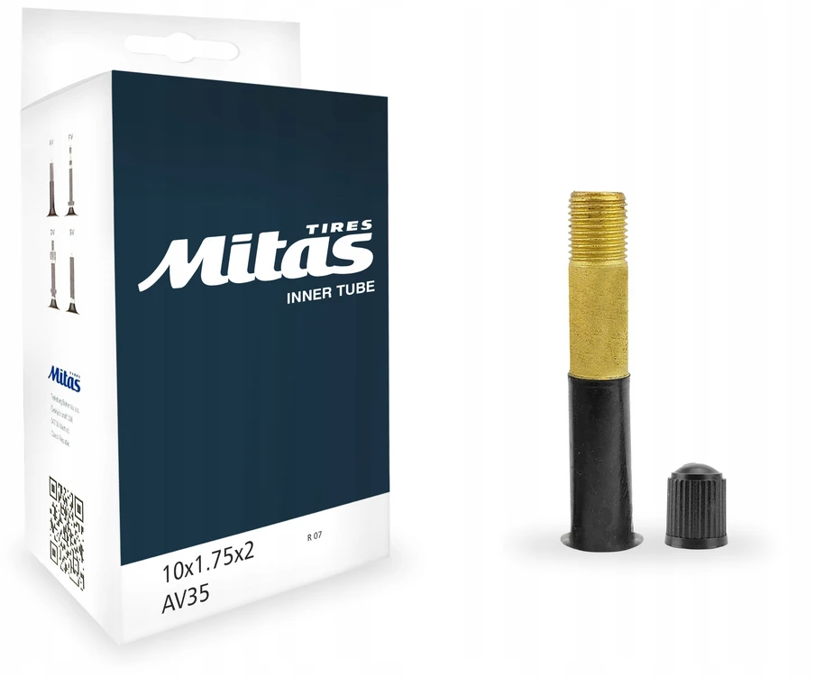 MITAS vežimėlio padangų komplektas 10x1,75x2 + MITAS kamera, AV vožtuvas