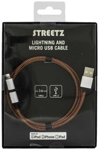 Mob. telefono kabelis STREETZ USB-microUSB+Lightning, 1.0m, oranžinis / IPLH-241