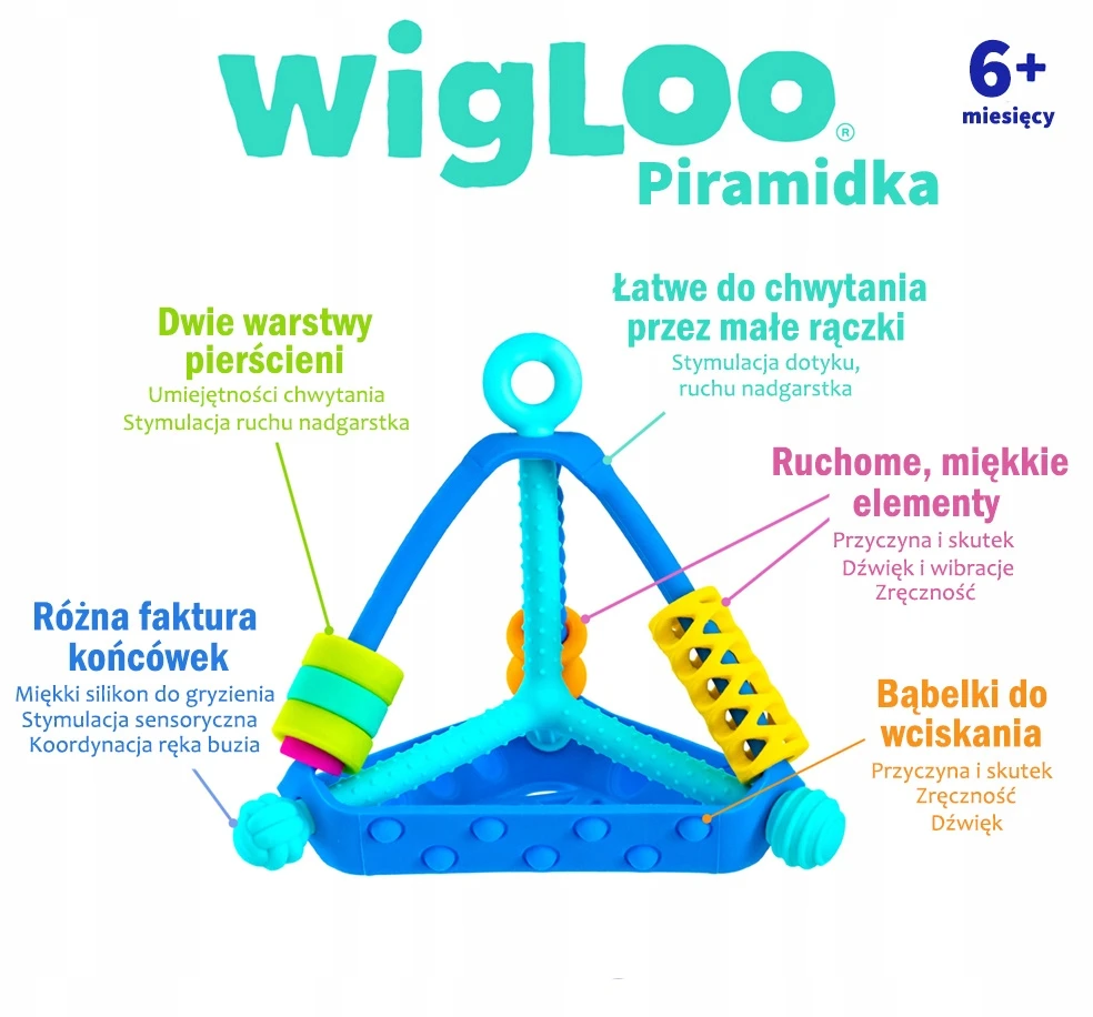 Möbi silikoninis daugiaspalvis Wigloo Pyramid sensorinis dantukas